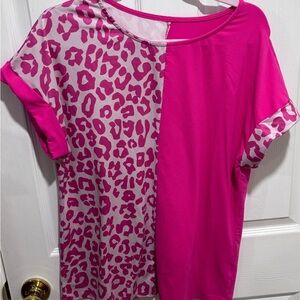 hot pink half-leopard print short-sleeve t-shirt